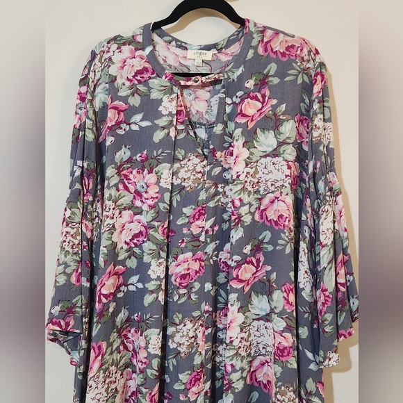 Umgee L Pink Roses Gray Boho Bell Sleeve Trapeze Swing Tunic Mini Dress - Picture 2 of 5